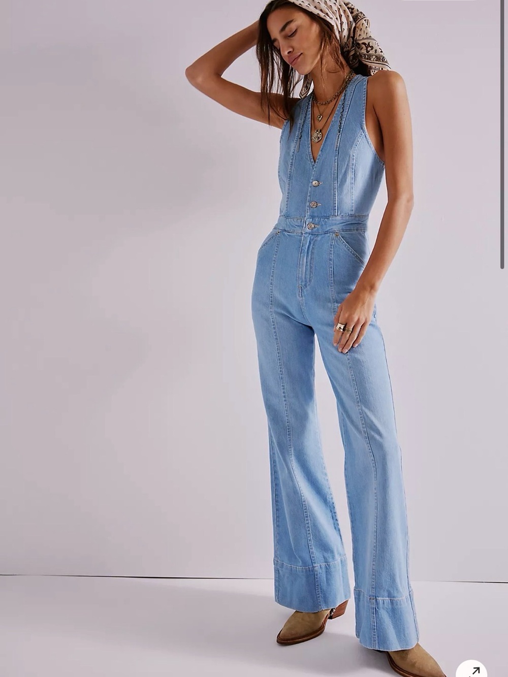 Free People Stratus Jumpsuit Light Wash Denim Flare